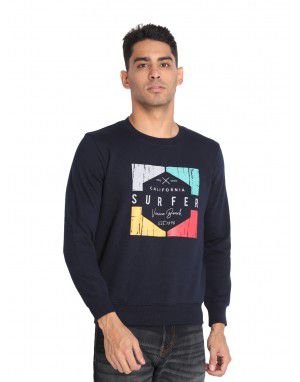 Men Cotton Blend Printed Sweatshirt Navy